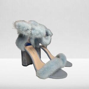 Stuart Weitzman Raquel100 Pale Blue Leather Sandals with Light Blue Fur Trim